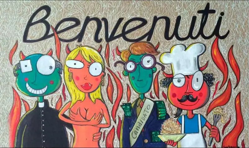 Mural Benvenuti pintado a mano en el comedor